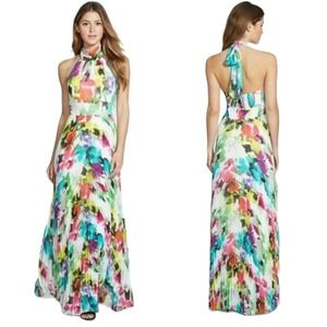 Eliza J Multicolor Floral Halter Style Maxi Dress w/ Pleated Skirt sz 6